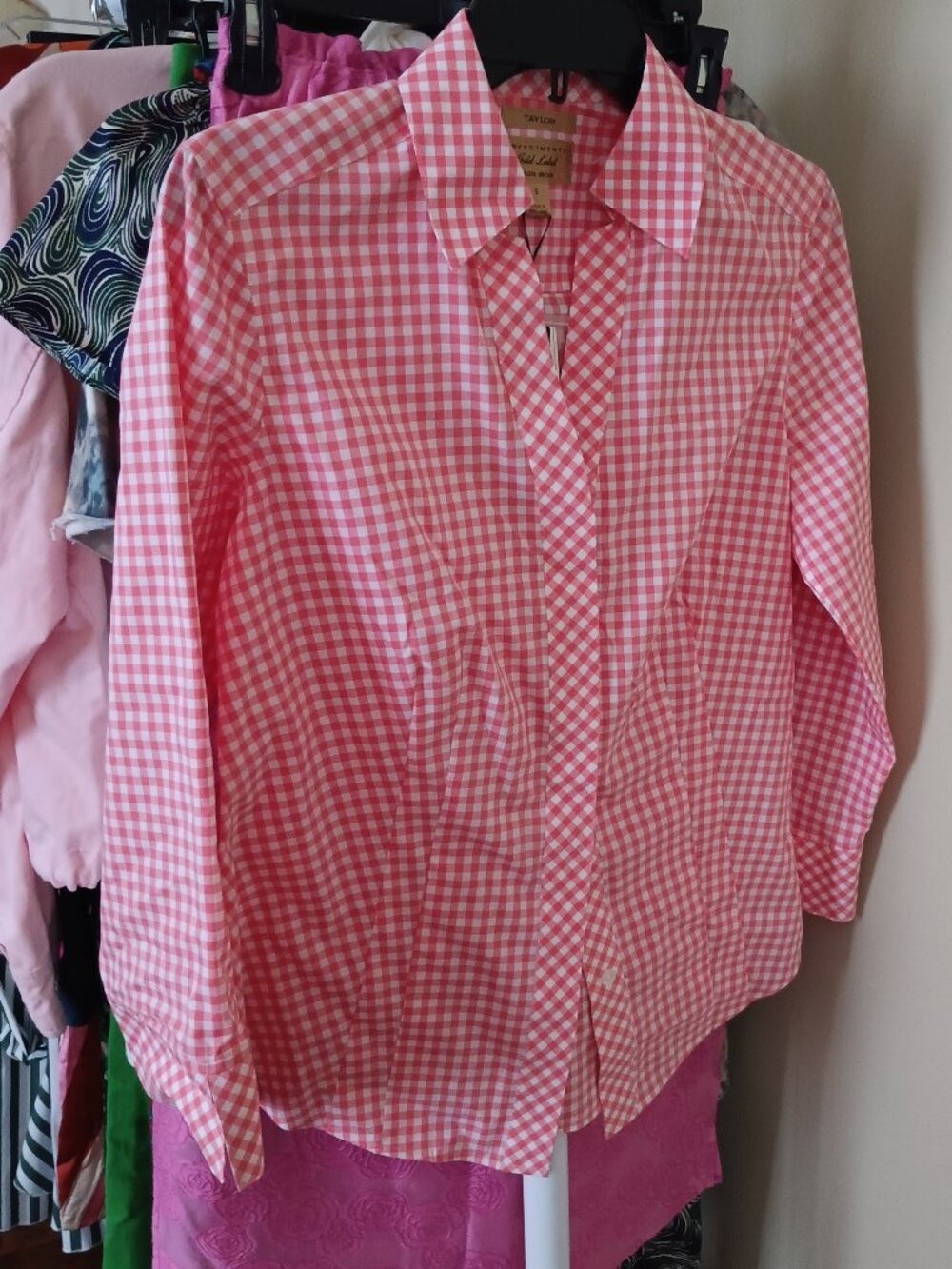 NWT Pink & White Gingham Non-Iron Cotton Shirt Collar Size 6